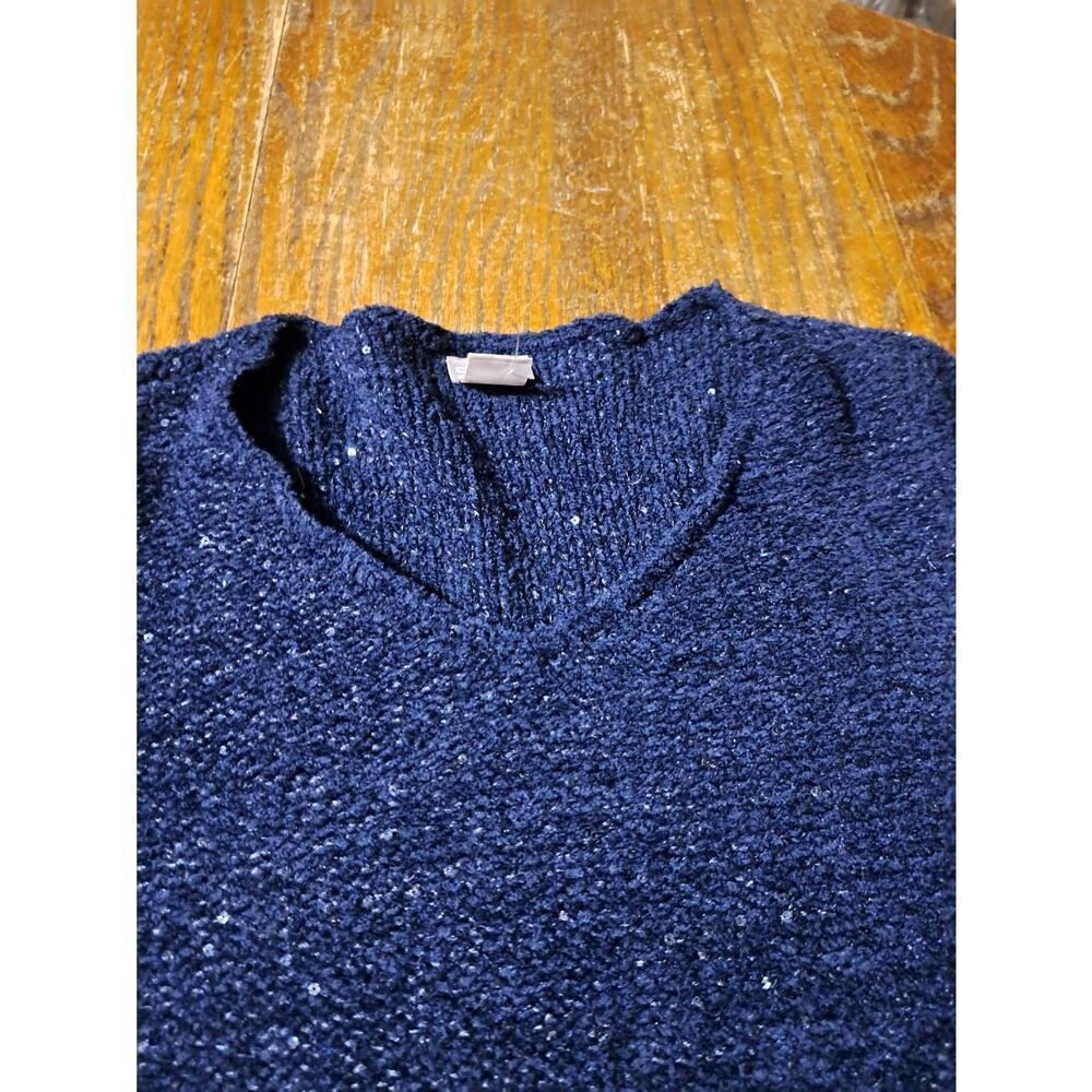 New Small Chicos 0 Blue Glitter Sparkle Embellished Long Sleeve Knit Sweater - Picture 2 of 4